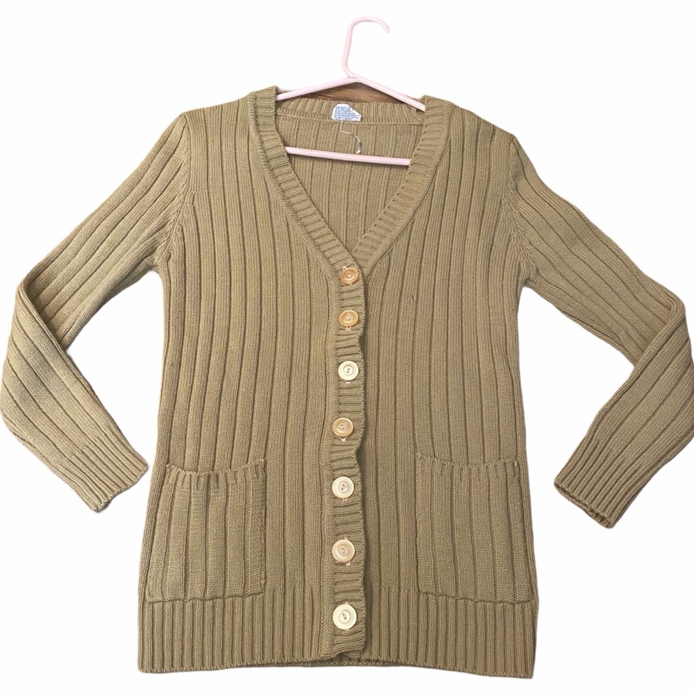 Vintage Hand Loomed Tan Slim Cut Cardigan, Thick Fitted Sweater, V Neck, S/M